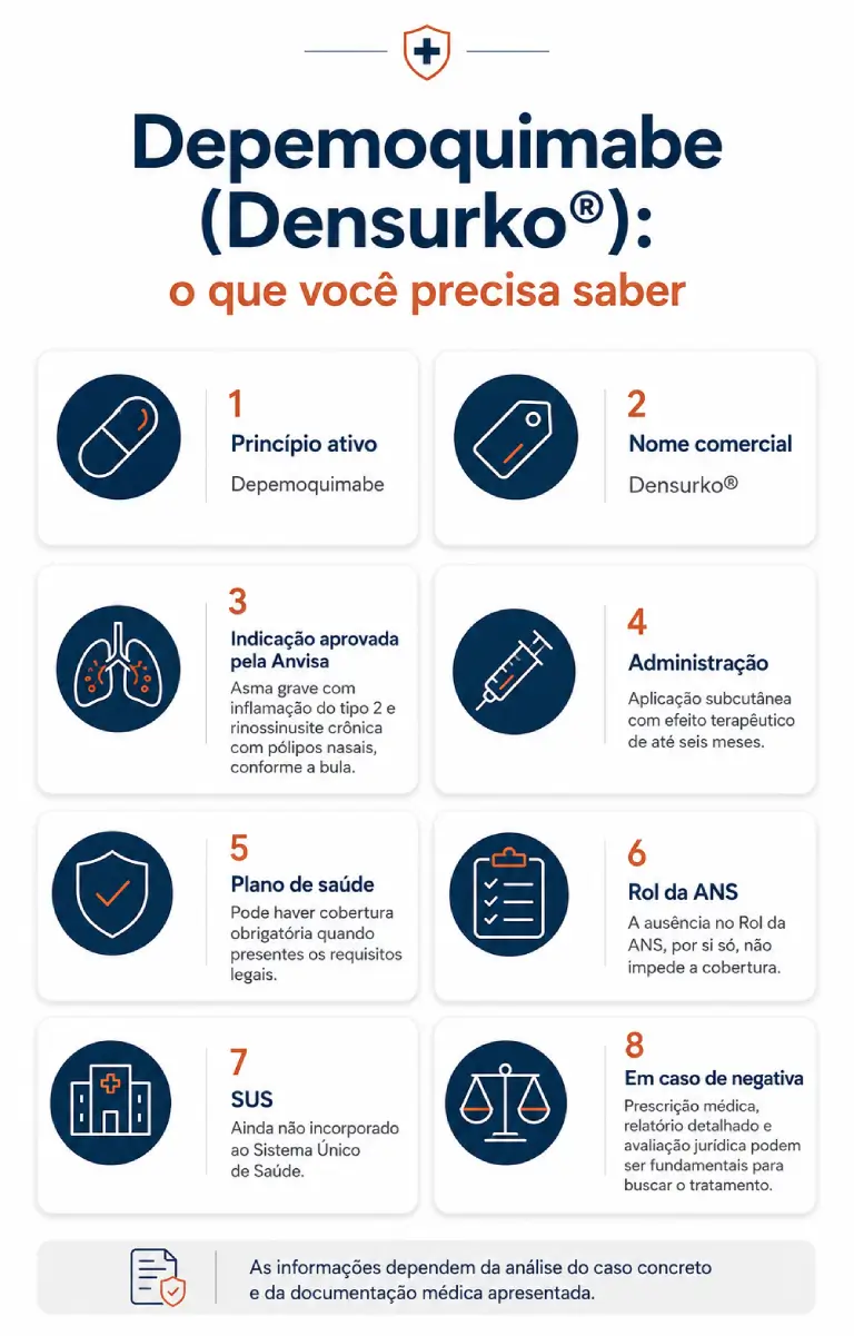 Infográfico com informações sobre o depemoquimabe (Densurko), indicação para asma grave, aplicação semestral e cobertura pelo plano de saúde.
