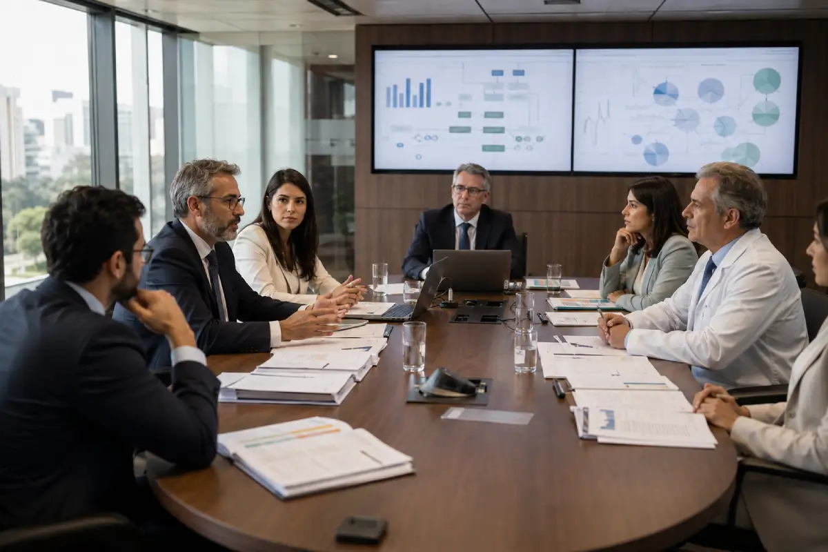 Profissionais analisam normas e dados sobre planos de saúde em reunião que representa a atuação regulatória da Agência Nacional de Saúde Suplementar (ANS).