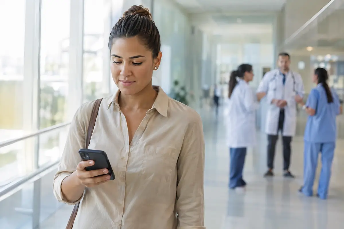 Paciente consulta informações do plano de saúde em hospital, representando os direitos do beneficiário e a regulamentação da ANS