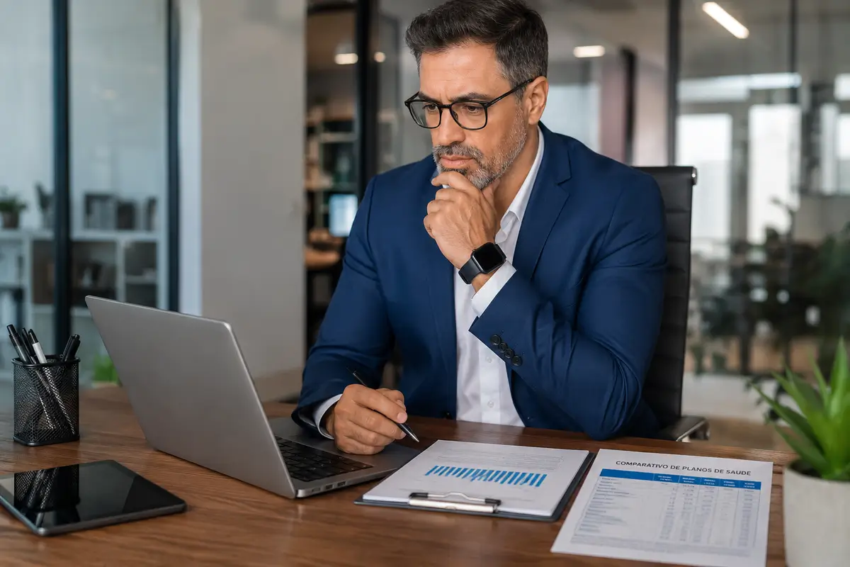 Pessoa comparando opções de plano de saúde antes da contratação utilizando notebook e documentos de análise.