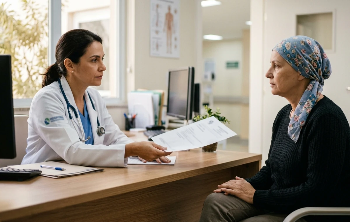 Paciente com leucemia recebe prescrição médica de dasatinibe em consultório de oncologia